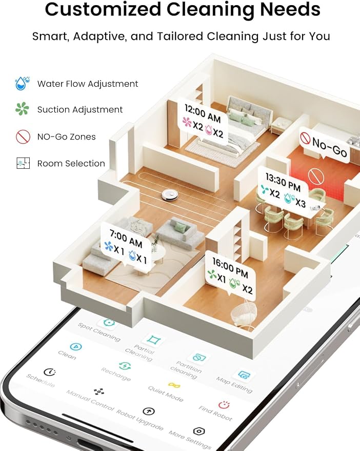 Lefant Robot Vacuum and Mop,75-Day Self-Emptying,6000Pa Powerful Suction,Customized Cleaning,Home Mapping, 140 Min Runtime, Roller Brush for Carpet,2.4G/5G WiFi/Alexa/APP/iWatch,M2 Plus - Image 9