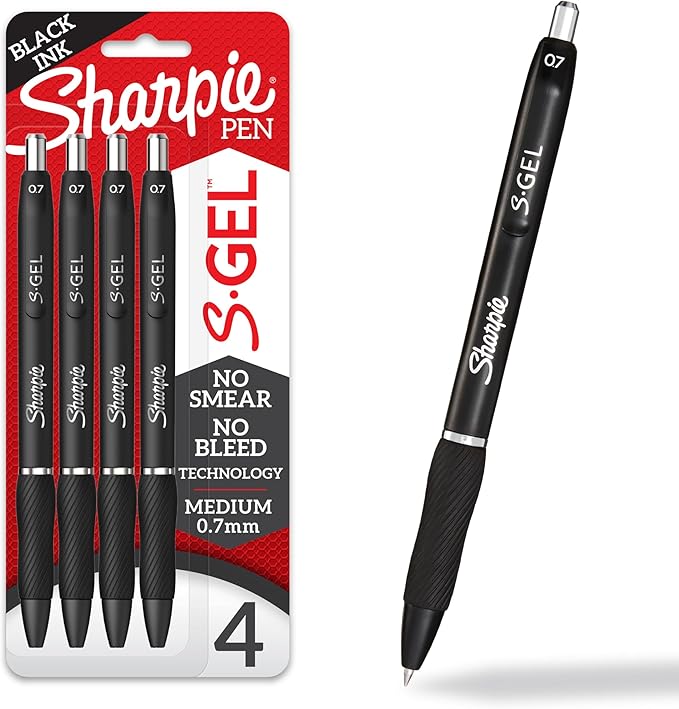 Sharpie S-Gel Pens, Medium Point (0.7mm), Black Ink, 4 Count - Ideal for Writing, Journaling, Drawing, Coloring, Note-Taking, College Supplies by Unknown