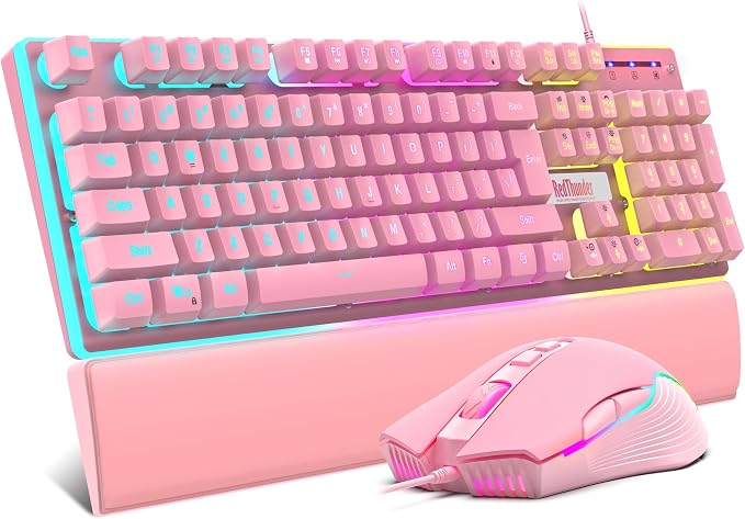 RedThunder K10 Wired Gaming Keyboard and Mouse and Wrist Rest Combo, RGB Backlit, Mechanical Feel Anti-ghosting Keyboard + 7D 7200 DPI Mice+Soft Leather Wrist Rest 3 in 1 PC Gamer Accessories(Pink) by RedThunder
