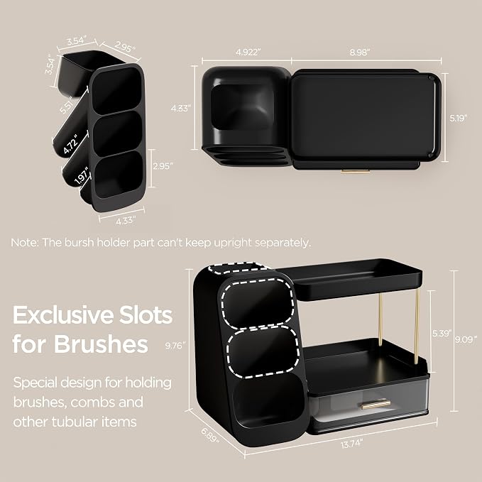 HBlife Bathroom Organizers and Storage with Brush Holder for Vanity, 3 Tier Plastic Makeup Organizer for Dresser Counter, Skincare, Lipstick, Perfume, and Cosmetic Storage, Black - Image 3