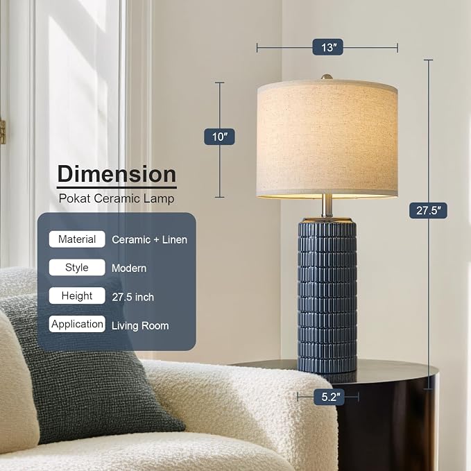 PoKat 27.5'' Tall Table Lamps for Living Room Set of 2, Ceramic Bedroom Lamps for Night Stands, Modern Bedside Lamps for Bedroom Living Room, Nightstand Lamps for Side End Table Hallway, Blue - Image 2