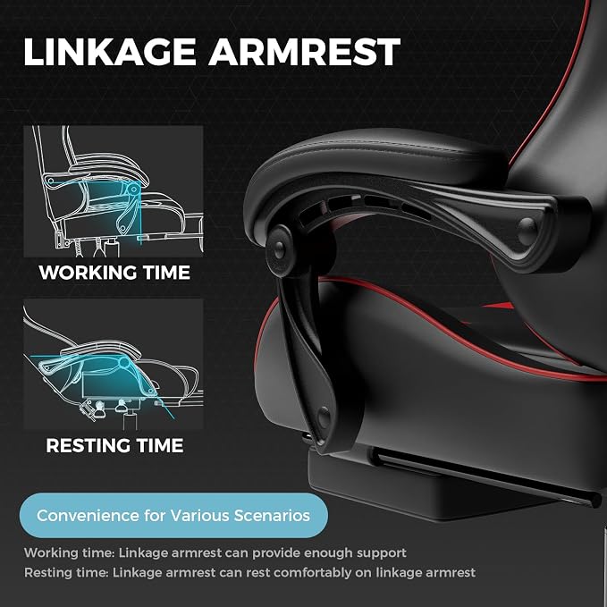 GTPLAYER Gaming Chair, Computer Chair with Footrest and Lumbar Support, Height Adjustable Game Chair with 360°-Swivel Seat and Headrest and for Office or Gaming (Faux Leather, Red) - Image 5
