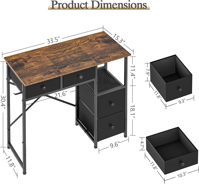 3IngSeagulls Small Computer Desk with 4 Fabric Drawers, Simple Writing Desk for Home Office, Compact Study Desks for Small Spaces, Kids Desk Study for Bedroom, Rustic Brown - Image 2