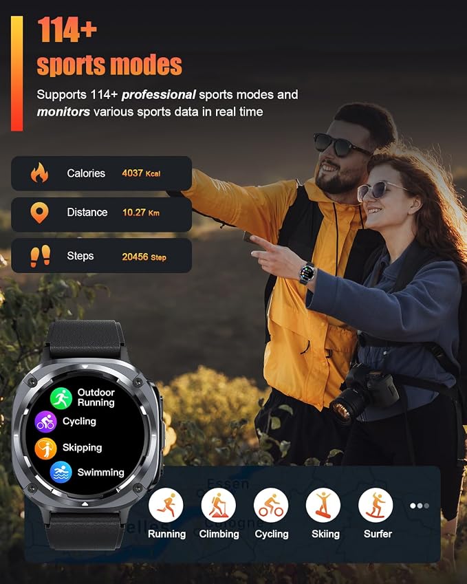Military Smart Watches for Men(Answer/Make Calls), 1.39" HD Fitness Watch, 24/7 Heart Rate Sleep Monitor, Smart Watch for Men,114+ Sport Modes, IP68 Waterproof Smartwatch for Android iOS, 30Day, Black - Image 3