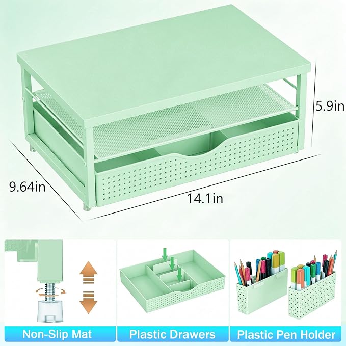 gianotter Desk Organizers and Accessories, Monitor Stand with Drawer and 2 Pen Holder, Desktop Organizer Suitable for Offices and Dormitories (Sage Green-Plain) - Image 5