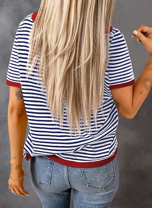 Dokotoo Womens Tops 2026 Casual Summer Crewneck Short Sleeve Striped Color Block Knit High Low Trendy Pullover Sweaters - Image 3