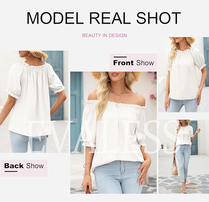 EVALESS Womens Tops Off The Shoulder Blouses for Women Dressy Casual Cute Puff Sleeve T Shirts Fashion 2026 - Image 5