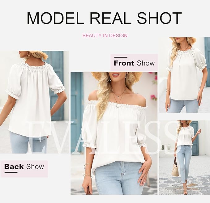 EVALESS Womens Tops Off The Shoulder Blouses for Women Dressy Casual Cute Puff Sleeve T Shirts Fashion 2026 - Image 5