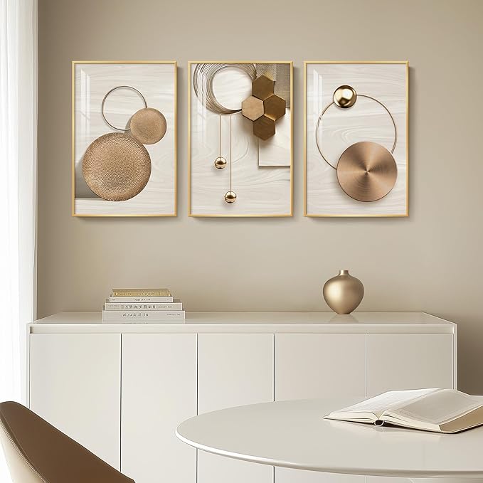 Framed Modern Luxury Gold Wall Art for Living Room, 3 Piece Bright Style Art Prints Paintings Artwork for Walls, Bronze Cirle Geometric Pictures for Dining Room Office Bedroom Hallway Wall Decor 16x24 In - Image 2