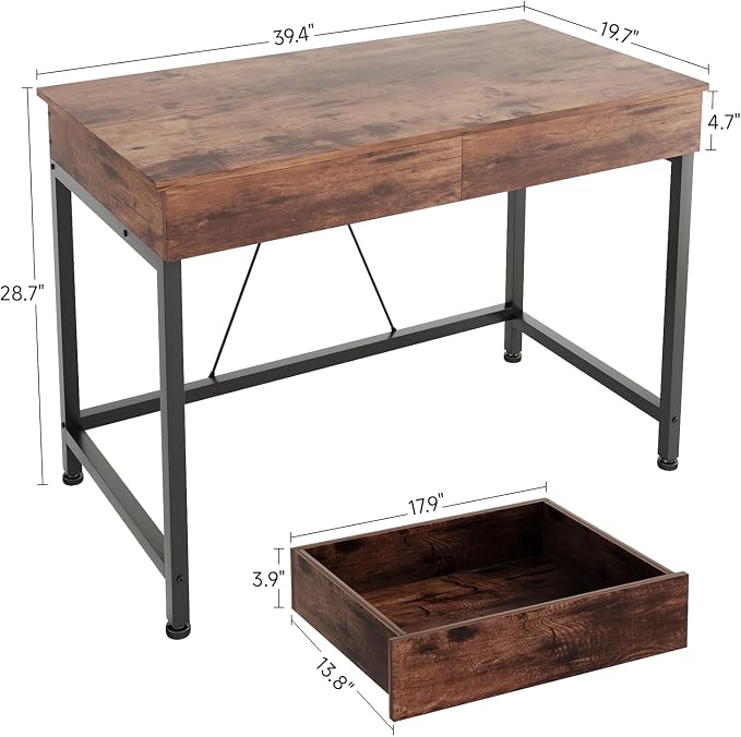 Mexin Small Desk with 2 Wooden Drawers, 40 Inch Home Office Writing Desk, Vanity Desk with Storage, Computer Desk for Bedroom Small Spaces, Table for Office, Kids Study, Makeup, Rustic Brown - Image 3