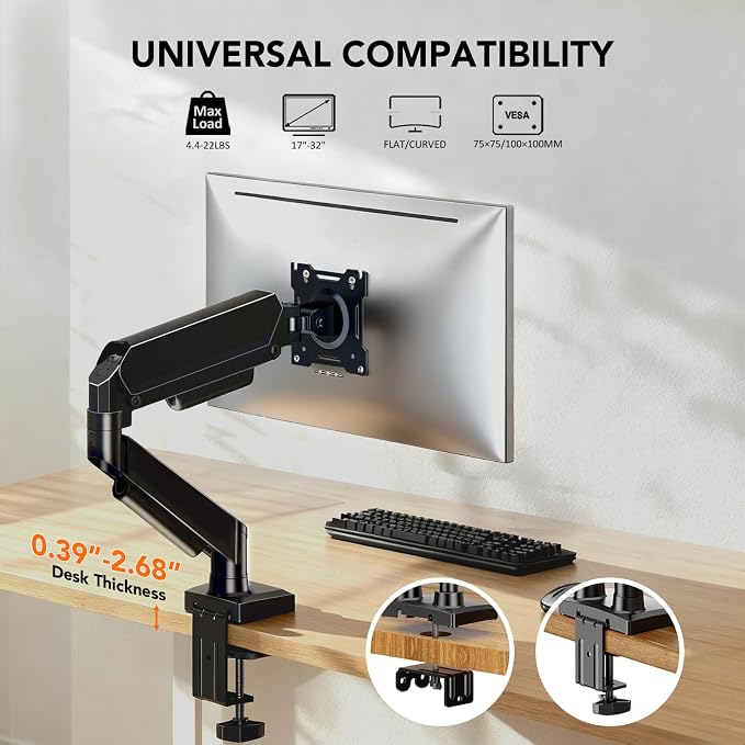 Single Monitor Mount, Gas Spring Arm for 17-32 inch Screens Adjustable Monitor Stand, Vesa Mount Stand with Clamp and Grommet Aluminum Base - Fits 4.4 to 22lbs LCD Computer Monitors HD09B-001 - Image 2
