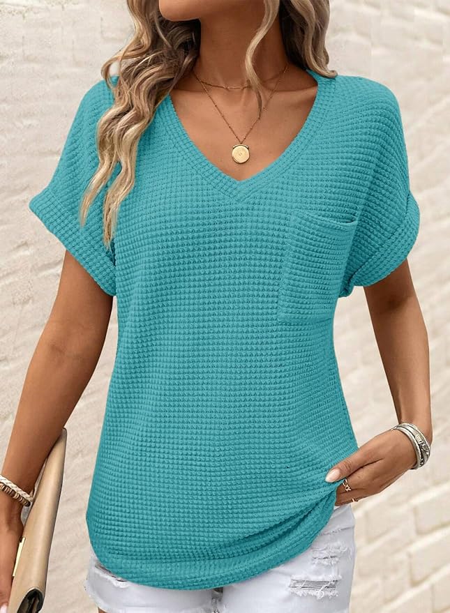 Dokotoo Womens Waffle Knit Tops 2026 Spring Summer V Neck Shirts Casual Trendy Women's Blouses Basic Tee - Image 2