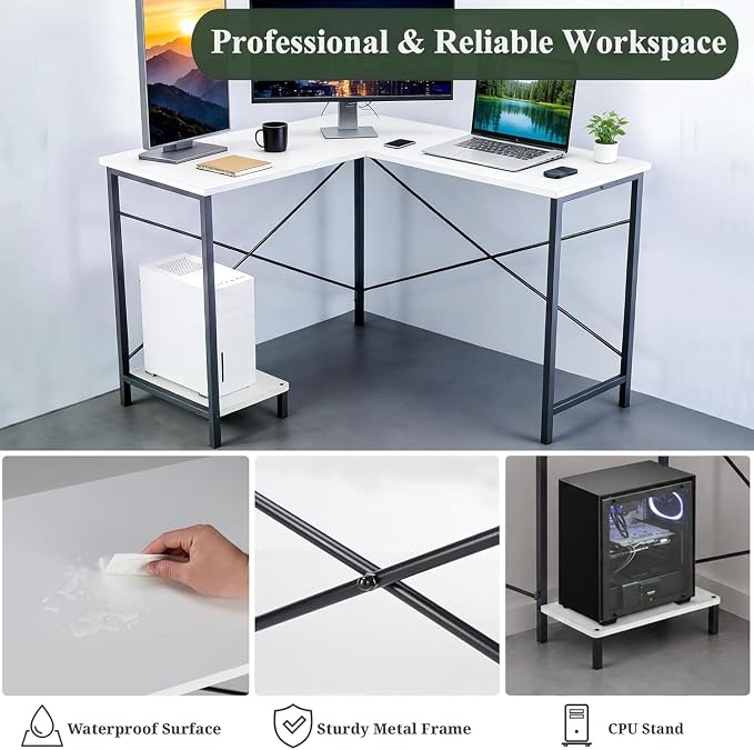L Shaped Desk Computer Desk, 50inch White Gaming Desk with CPU Stand | Reversible Corner Desk, Sturdy Metal Frame, Student Study Writing Table for Home Office - Image 4