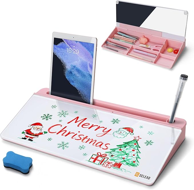 SELEAD Desktop Glass Whiteboard with Organizer & Built-in Mirror - Small Dry Erase White Board Computer Pad Keyboard Stand with Markers, Eraser, Holder for Women - Pink by SELEAD