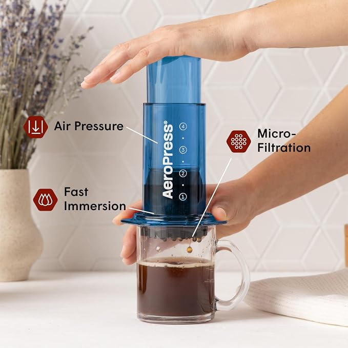 AeroPress Clear Blue Coffee Press, French Press, Pour-Over & Espresso Style | All-in-One Manual Coffee Maker, 2-Minute Brew, Less Bitterness, More Flavor, Portable, Travel & Camping - Image 2
