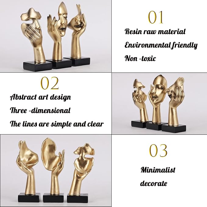 3 Pcs Thinker Small Statue Set - Black Gold Home Decor Abstract Art Figurines for Shelves, Living Room Coffee Table, Office Desktop (3 Pcs Gold, 6") - Image 5