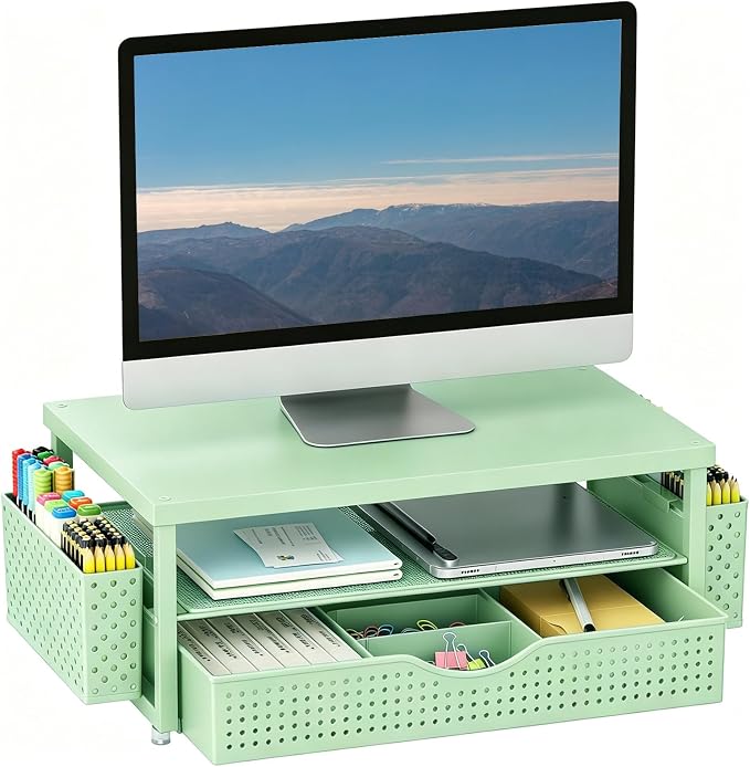 gianotter Desk Organizers and Accessories, Monitor Stand with Drawer and 2 Pen Holder, Desktop Organizer Suitable for Offices and Dormitories (Sage Green-Plain) by gianotter