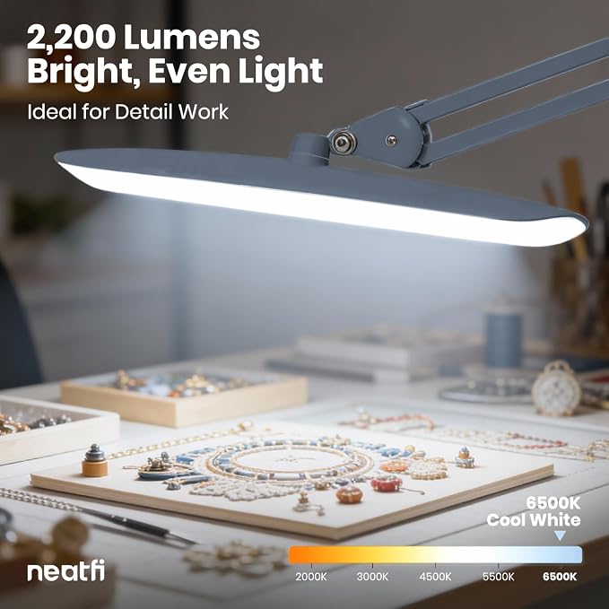 Neatfi XL 2200 Lumens 24W LED Desk Lamp – Shadow-Free Task Lighting | 4-Level Dimming | Home Office & Crafts Use | 20-Inch Wide Head (Gray, Non-CCT with Clamp) - Image 6