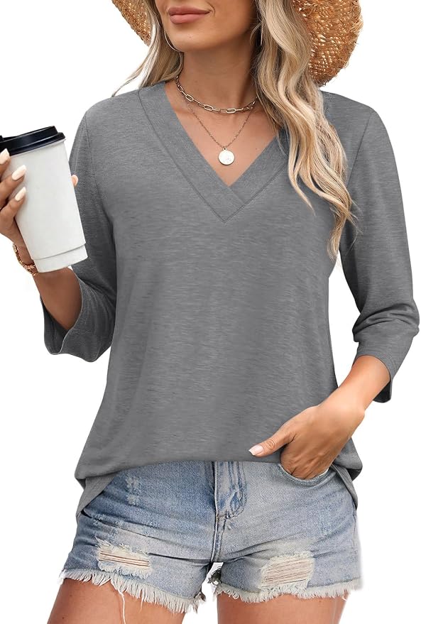 WIHOLL Womens Tops 3/4 Length Sleeve V Neck Casual Tunic Tops Basic Shirts Loose Fit Blouse - Image 2