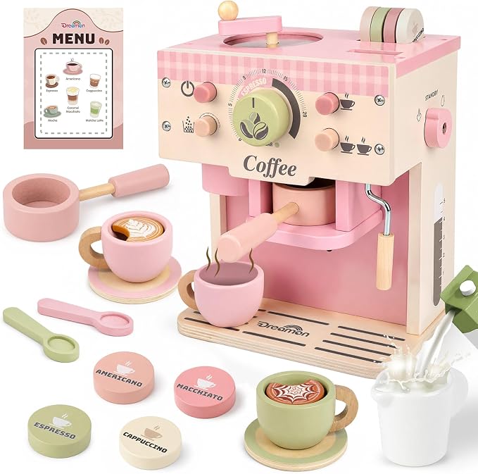 Dreamon Toy Coffee Maker Wooden Kitchen Accessories for Kids Pretend Play | Realistic Kids Coffee Playset with Moving Parts, Montessori Kitchen Toys for 3 4 5 Year Old Boys & Girls Birthday Gifts, Pink by Dreamon