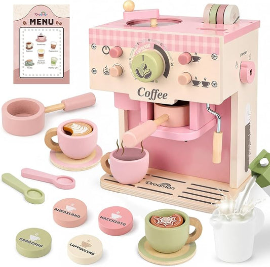 Dreamon Toy Coffee Maker Wooden Kitchen Accessories for Kids Pretend Play | Realistic Kids Coffee Playset with Moving Parts, Montessori Kitchen Toys for 3 4 5 Year Old Boys & Girls Birthday Gifts, Pink by Dreamon
