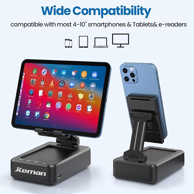JTEMAN Cell Phone Stand with Bluetooth Speaker, HD Stereo Sound & Anti-Slip Base, Foldable Adjustable Desktop Phone Holder for Home Office, Cool Tech Gadgets Birthday Gifts for Men Women (Black) - Image 5