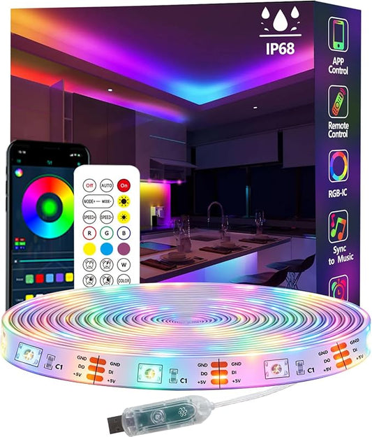 16.4FT Ws2812 RGB+IC LED Strip Lights IP68 Outdoor Waterproof, 5V USB Powered, Music Sync Bluetooth APP/RF Remote Control Lights for Balcony,Deck,Camping,Garden,Bedroom Decor by httpsmp