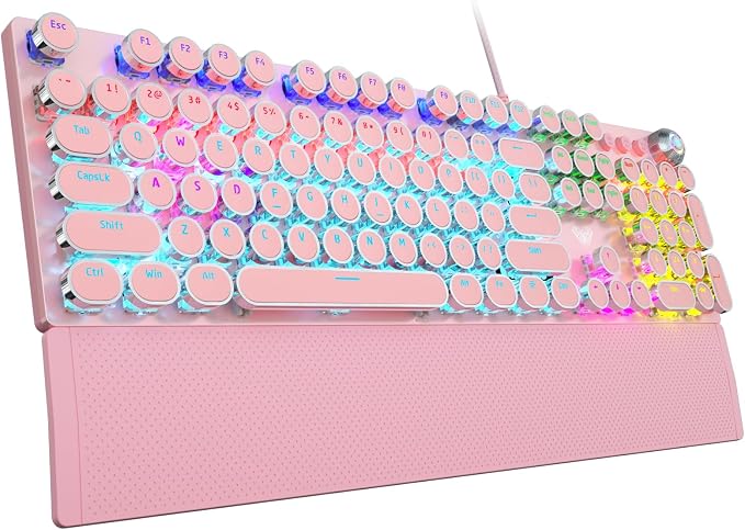 AULA F2088 Typewriter Mechanical Keyboard, Pink Retro Wired Gaming Keyboard with Blue Switches, Rainbow Backlit, Round Keycaps, Media Knob & Removable Wrist Rest by AULA