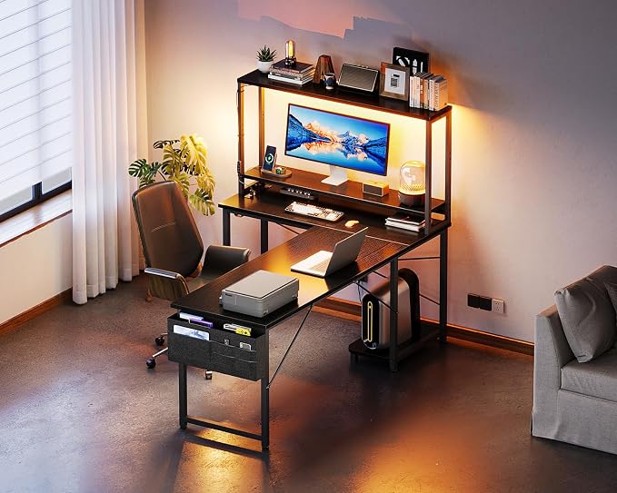 ODK 61" L Shaped Gaming Computer Desk with Shelves, LED & Outlets, Black | Headset hook. Storage bag. Shelves for books & supplies. LED for gaming nights. Reversible. Room for multiple monitors. - Image 8