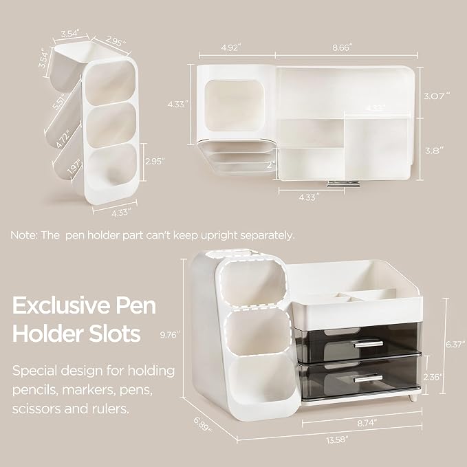 HBlife Desk Organizer with Pen Pencil Holder for Desk, Pen Organizer with 2 Drawers, Desk Organizers and Accessories with 4 Compartments, Desktop Storage for Office Home School Art Supplies, White - Image 5