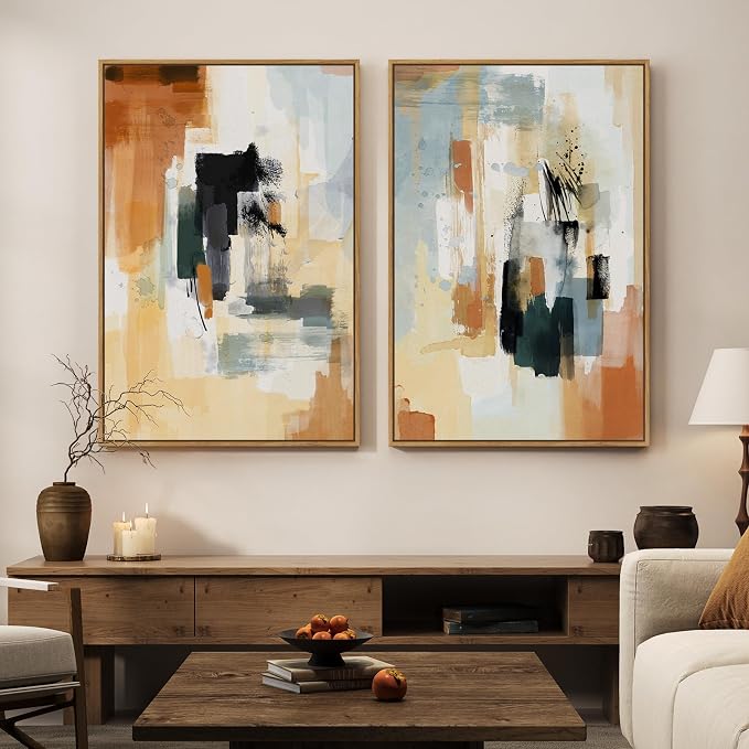Large Framed Neutral Abstract Wall Art, Set of 2 Modern Canvas Prints Paintings Artwork for Walls, Minimalist Colorful Pictures for Living Room Bedroom Dining Room Hallway Lounge Wall Decor 24x36 In by Cuspin