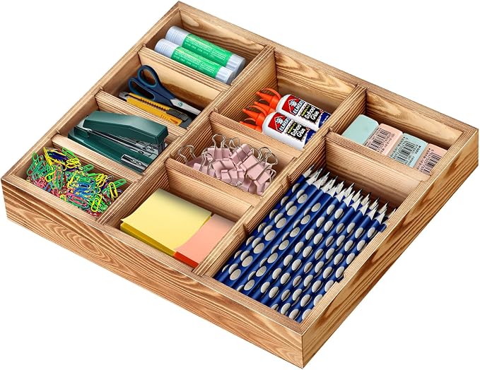 Wooden Desk Drawer Organizer | 9-Slot Desktop Tray | Adjustable Drawer Storage Box for Pens, Keys, Watch, Sticky Notes | Farmhouse Home&Office Decor by Unknown