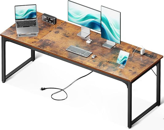 Coleshome 71 Inch Computer Desk with USB Ports, Large Office Desk, Long Study Student Writing Desk, Rustic Brown | Extra-long workspace • Fits dual monitors • Stable steel frame • Spacious legroom • Home office & gaming by Coleshome