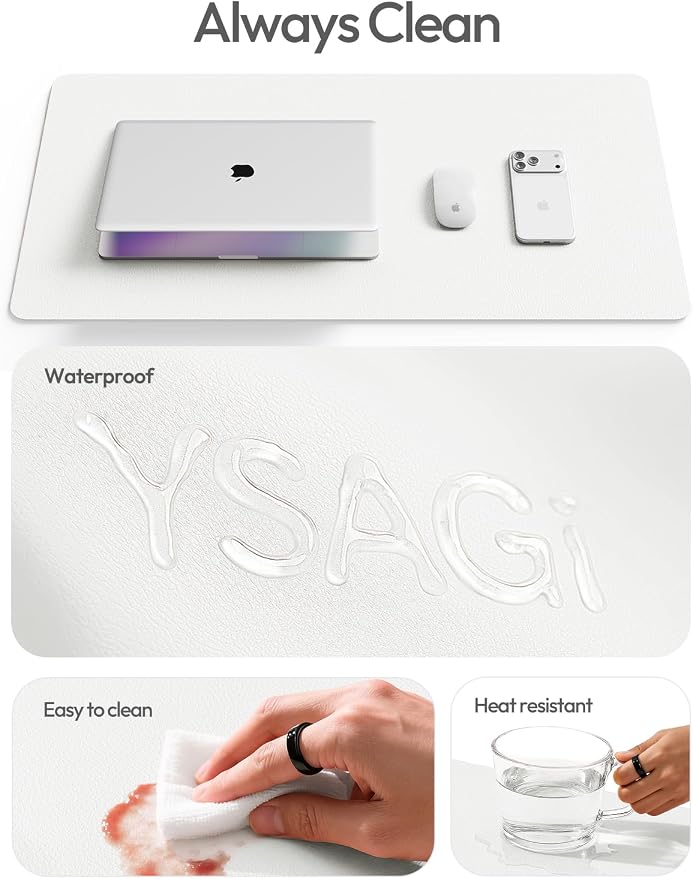 YSAGi Leather Desk Protector, Office Mat, Large Mouse Mat, Non-Slip PU Leather Blotter, Laptop Desk Mat, Waterproof Writing Pad for Office and Home(White, 40" x 24") - Image 7