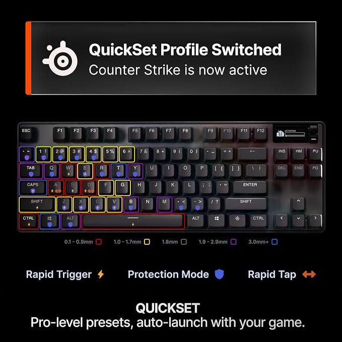 SteelSeries Apex Pro TKL Gen 3 Gaming Keyboard - OmniPoint 3.0 Analog Magnetic Switches, Quickset Auto-Presets (Rapid Trigger, Rapid Tap/SOCD, Protection Mode), OLED, RGB, PBT Keycaps, USB-C, Black - Image 3