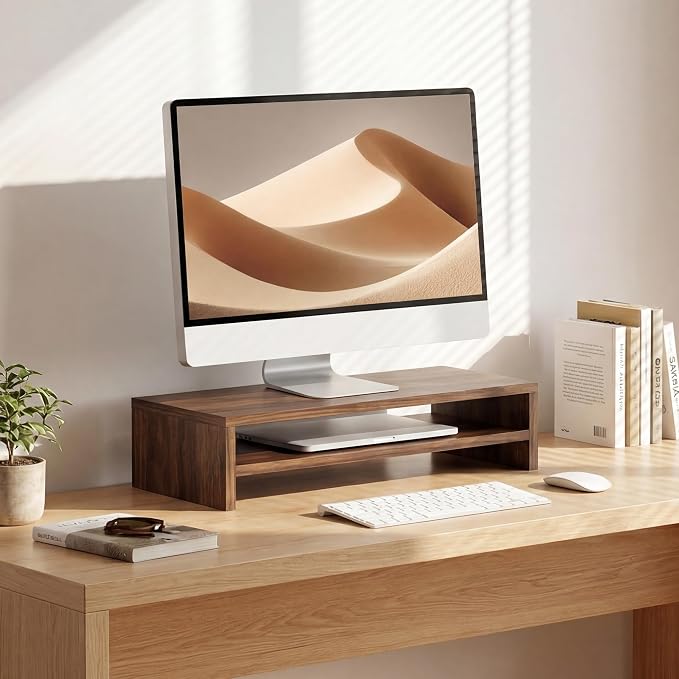 FITUEYES Monitor Stand - 2 Tier Computer Monitor Riser with 21.3 Inch Shelf, Wood Desktop Stand for Laptop Computer Screen, Desk Organization, Office Supplies - Image 2