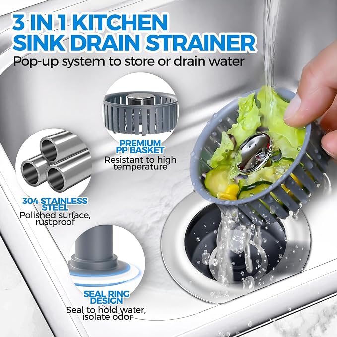 zaa 3 in 1 Kitchen Sink Drain Strainer Stopper Removable Basket Pop-Up | Kitchen Sink Accessories 3 Pack Silver Stainless - Food Catcher, Odor-Blocking Seal, Fits 3.5" Drain, Easy Clean - Image 2