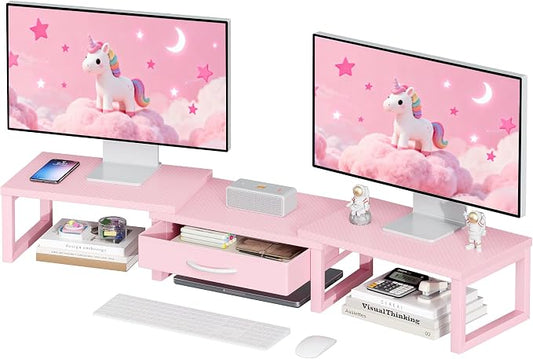 Desk Organizers and Accessories, Dual Monitor Stand Riser with Drawer, Computer Monitor Stand, Adjustable Desk Shelf for PC Laptop Printer TV, Pink by Unknown