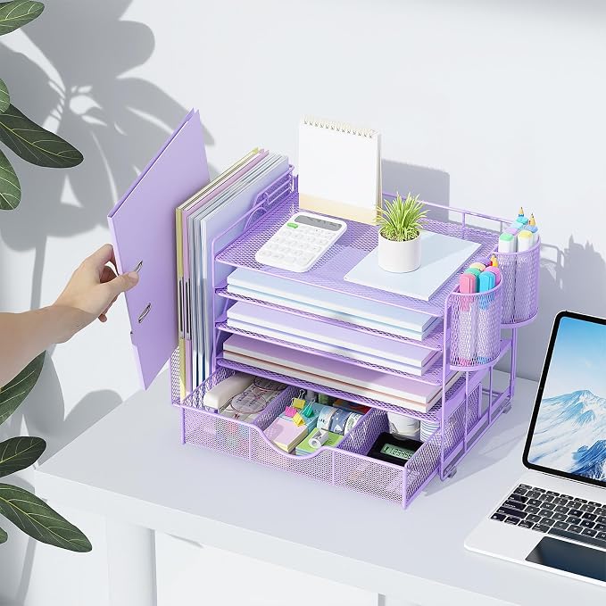 gianotter 5-Tier Desk Organizer with Drawers and File Holders | Letter Trays and Pen Holders - Workspace Accessories for Office Supplies (Light Purple) - Image 3