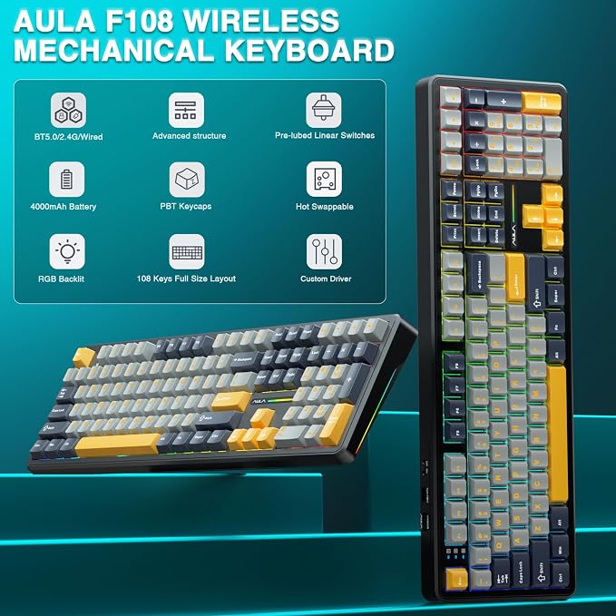 AULA F108 Wireless Mechanical Keyboard, BT5.0/USB-C/2.4GHz Hot Swappable Custom Gaming Keyboards, PBT Keycaps, Pre-lubed Switches, RGB Backlit Full Size Creamy Keyboard with Number Pad, 108 Keys - Image 2