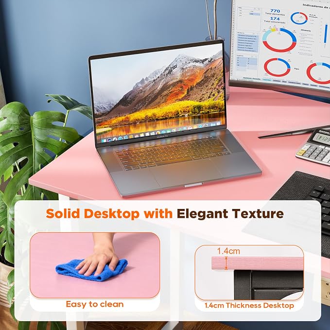 PayLessHere | 63 Inch Computer Desk | Pink | Office Desk with Metal Frame, Adjustable Feet | Water-Resistant, Scratchproof Surface | Sturdy Writing Table for Home Office or Study | Pack of 1 - Image 4