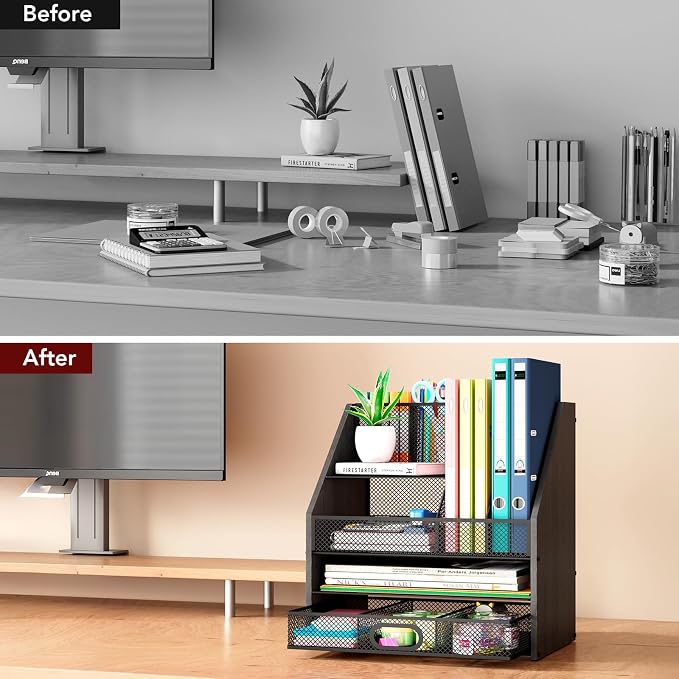 Homsorout Wooden Desk Organizer - Mesh File Organizer with Drawers and Pen Holder - 4-Tier Vertical Paper Letter Storage Tray, Desktop Organizers and Accessories for Home Office (Black - Image 8