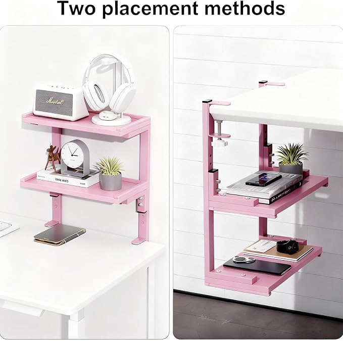 Spacrea Clamp on Desk Shelf, 2 Tier Office Desk Shelves Organizer, Wood Desktop Supplies Storage Rack, Desk Organizers and Accessories (Pink) - Image 4