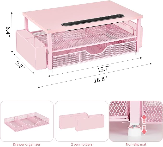 AUPSEN Pink Desk Organizers and Accessories, 2-Tier Wood Computer Monitor Stand with Drawer, Pen Storage & Phone Holder, Office Desk Accessories, Workspace Desktop Organization for Office Supplies - Image 6