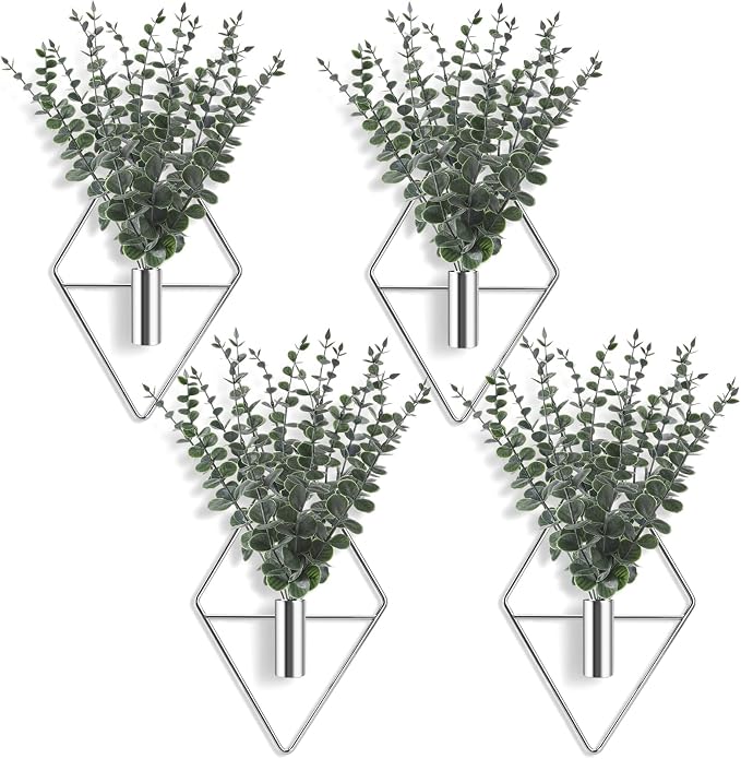 Jexine 4 Pcs Hanging Planters with Artificial Eucalyptus Metal Hanging Vase Indoor Plants Holder Modern Geometric Boho Bathroom Wall Decor for Living Room Home Office (Eucalyptus,Silver) - Image 8