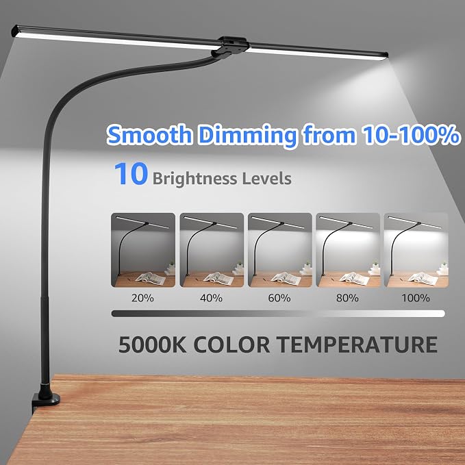 ShineTech LED Desk Lamp for Home Office, 5000K Bright Double Head Architect Task Lamps with Clamp, Dimmable Adjustable Flexible, Black - Image 2