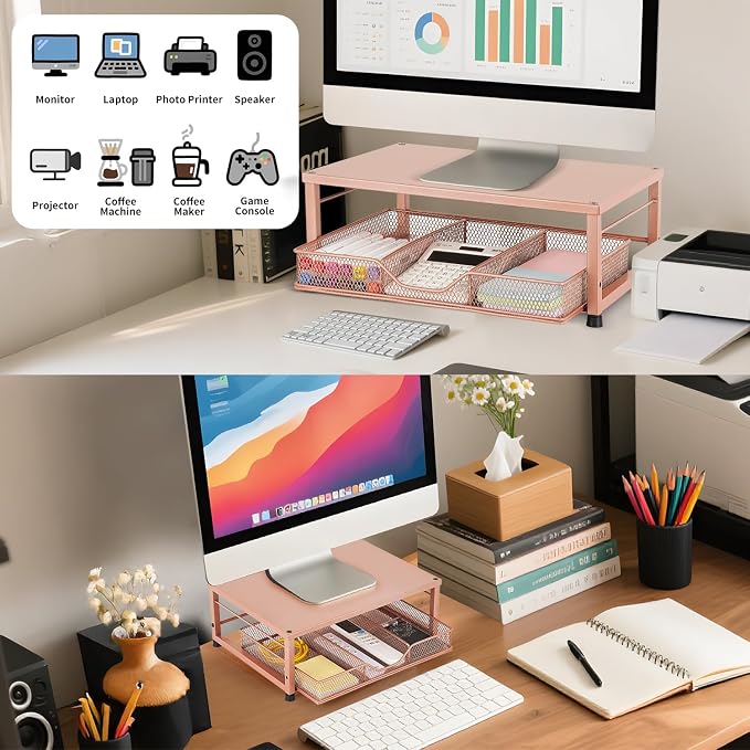 Small Laptop Stand for Desk, Monitor Stand Riser, Office Desk Accessories, Computer Desktop Stand with Drawer for Home, Office, School (Bronze) - Image 2