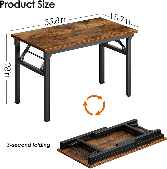 Need Office Computer Desk 35.8 Inch Sturdy Folding Laptop Table Retro | Black Frame Writing Gaming Work Table/Foldable Home Office Desk/Sewing Table, No Assembly Required - Image 3