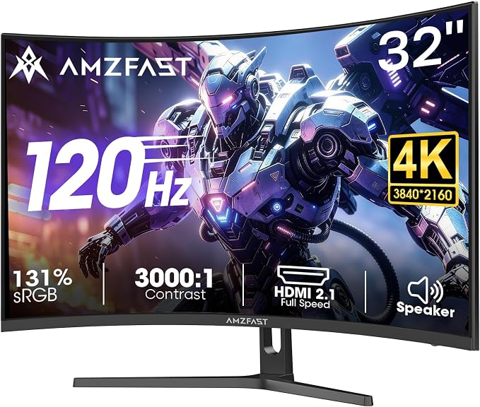 Amzfast 32" 4K 120Hz 1ms Curved Gaming Monitor, 3840x2160 UHD, PIP/PBP, Adaptive Sync, 130% sRGB, 3000:1 Contrast, HDR, 300nits, 1500R, HDMI2.1(VRR)& DP1.4, Built-in Speaker, Eyes Care, VESA Mount by Amzfast