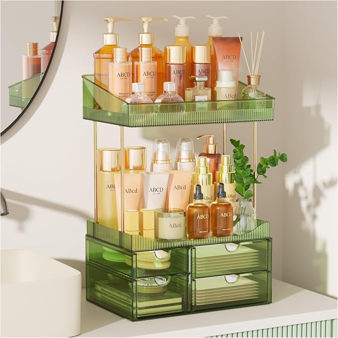 SNSLXH 4-Tier Clear Makeup Organizer Bathroom Storage Green | 4 Drawers Cosmetics Organiser, Ideal for Countertop, Bathroom, Office, Dresser, for Cosmetics, Skincare, Perfume, Lipstick - Image 4